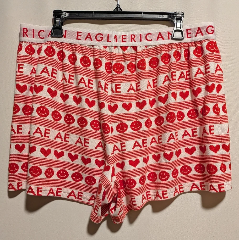 NEW American Eagle Heart Smiley Long Sleeve & Shorts Lounge Pajama Set Size XL